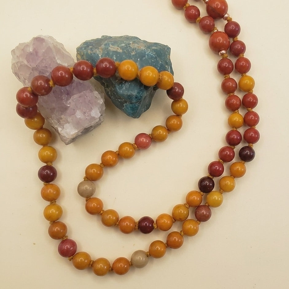 Mala in Mookaite, Pietra Guru Agata, Rame