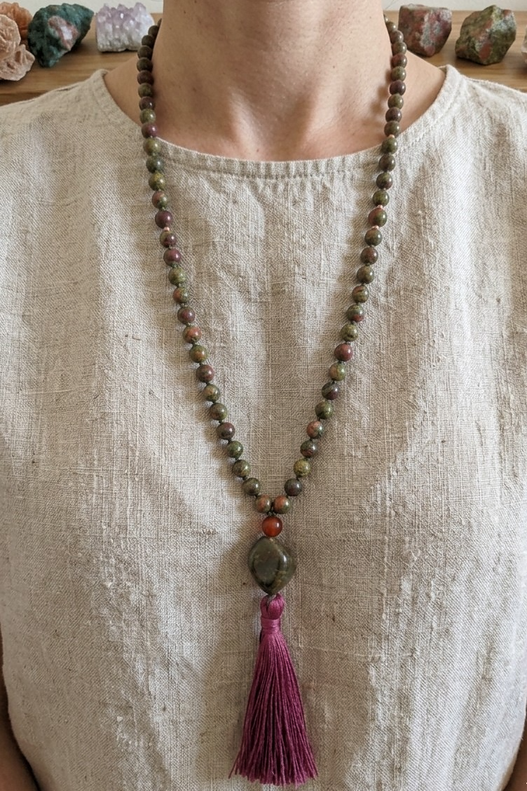 Mala da meditazione 108 perle in Pietra sangue di drago, Agata rossa, Pietra Guru Labradorite, Rame