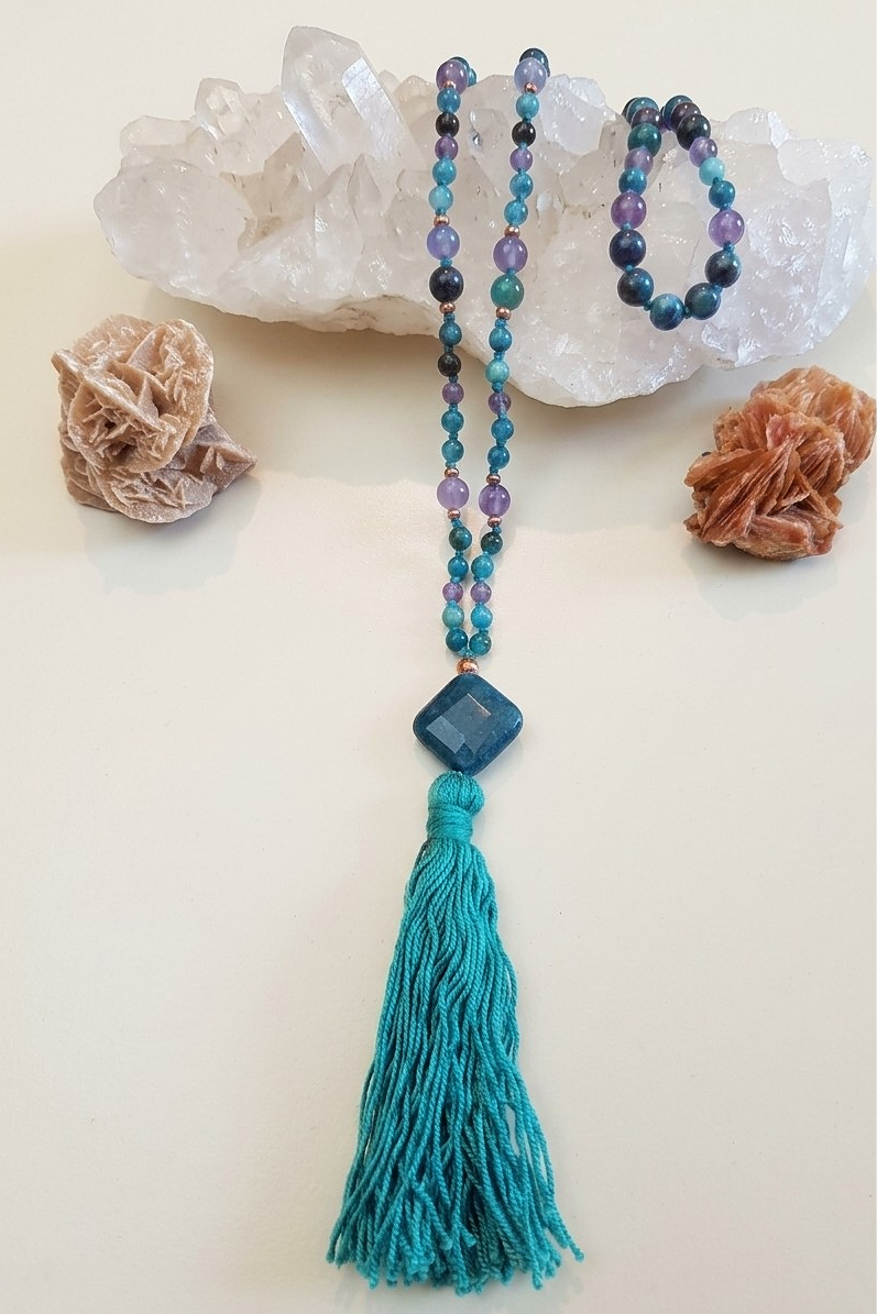 Mala collana 108 perle di Ametista e Apatite, Pietra Guru Apatite, Rame