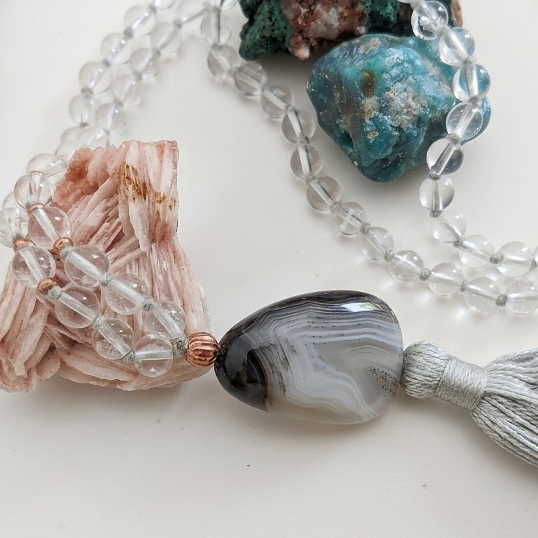 Mala collana da meditazione in Cristallo di Rocca, Pietra Guru Agata botswana, rame