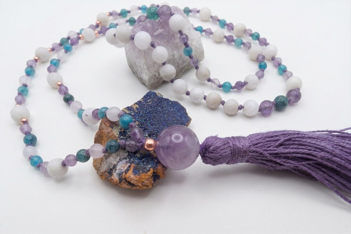 Mala collana 108 perle di Ametista, Magnesite e Apatite, Pietra Guru Ametista, Rame