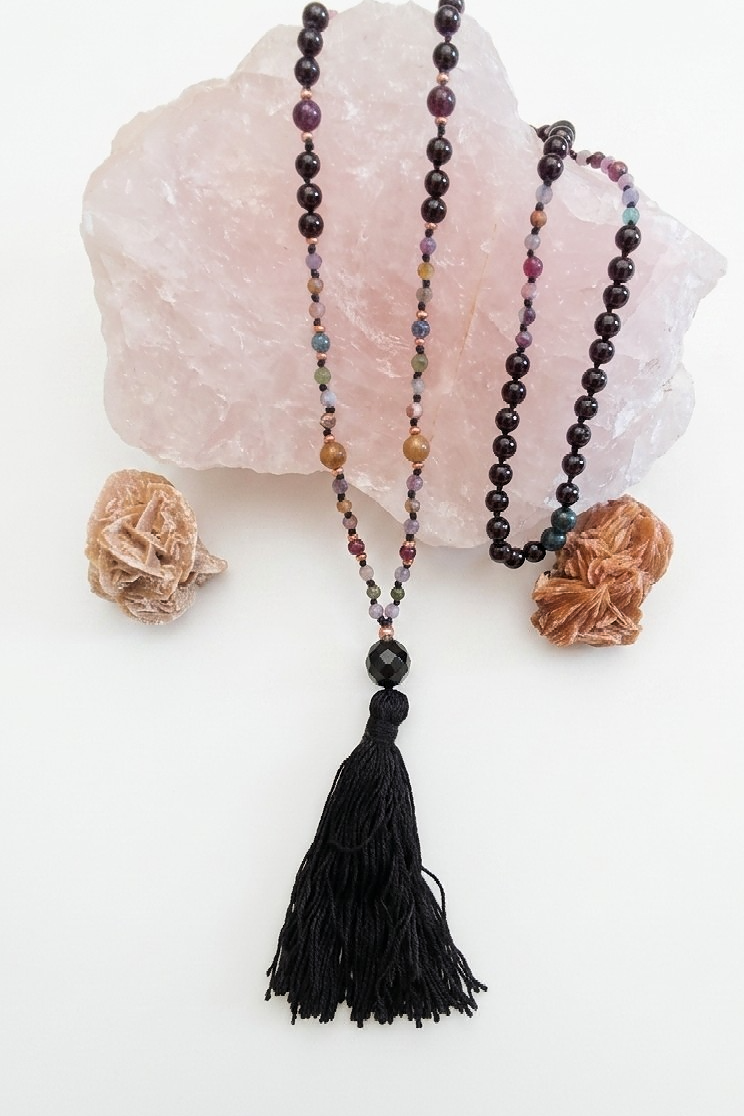Mala 108 perle Tormalina naturale vari colori e Onice, Pietra Guru Onice, Rame