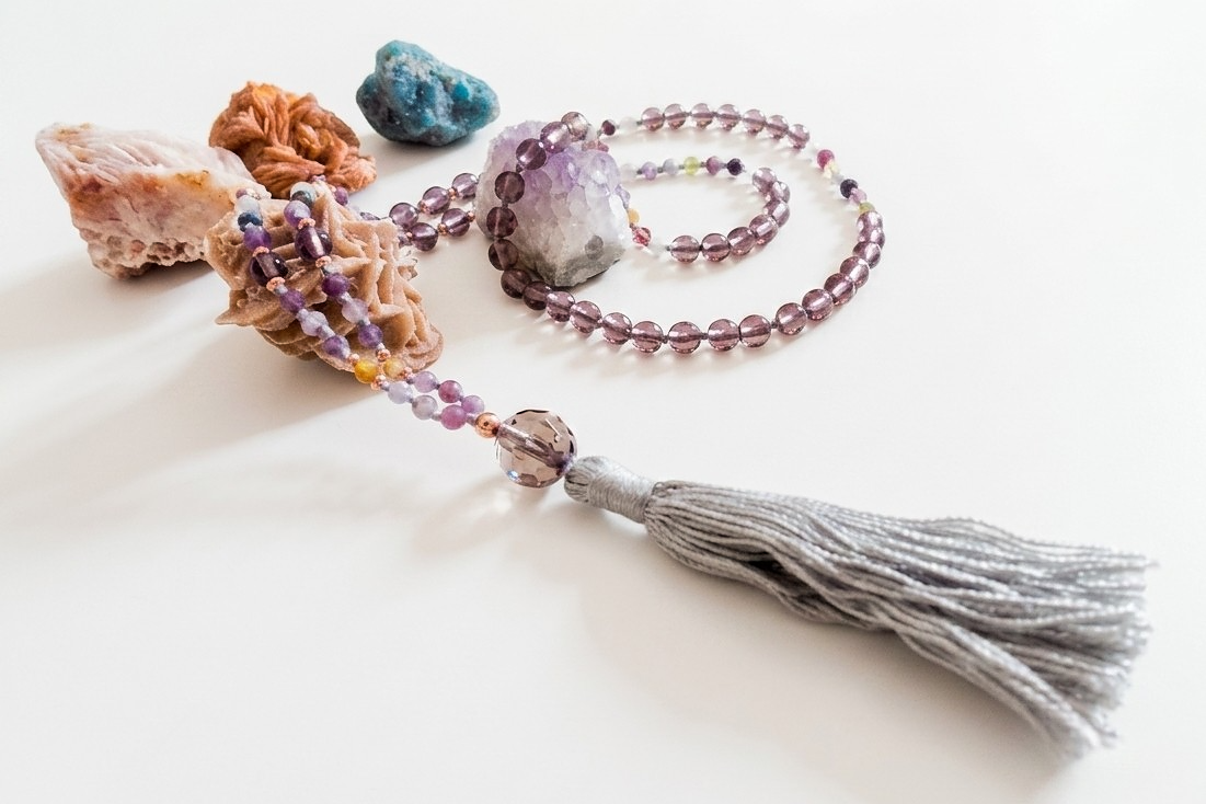 Mala da meditazione 108 Quarzo Fumè, Tormalina vari colori, pietra guru Quarzo Fumé , rame