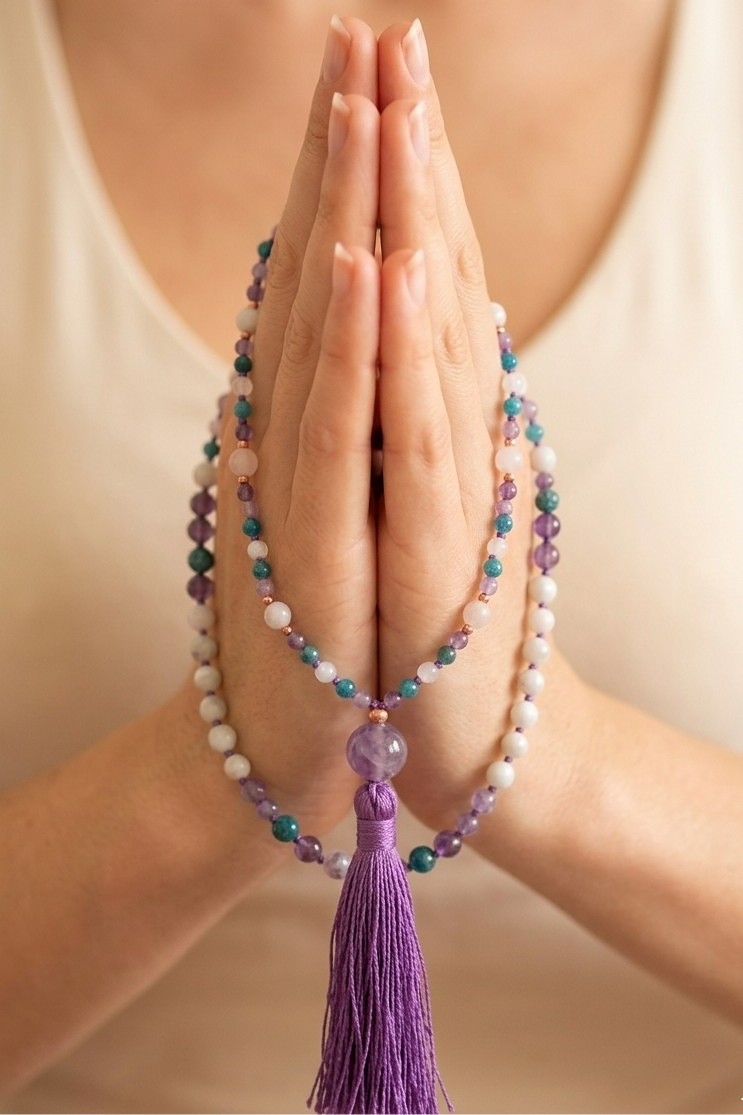 Mala collana 108 perle di Ametista, Magnesite e Apatite, Pietra Guru Ametista, Rame