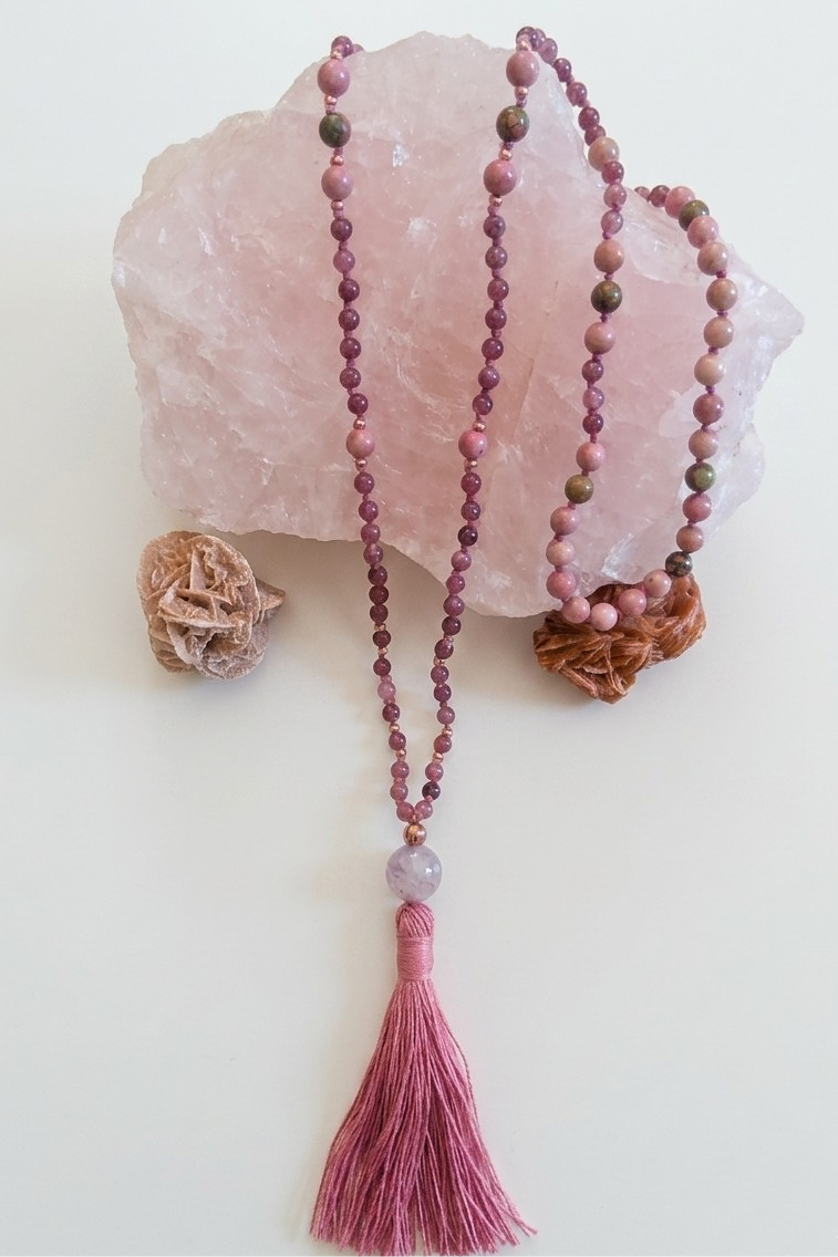 Mala 108 perle di Rodonite, Unakite, Lepidolite, Pietra Guru Ametista, rame