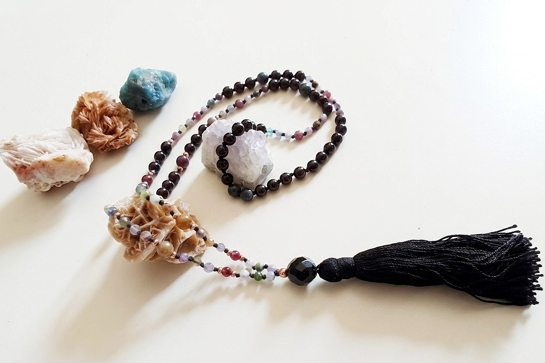 Mala 108 perle Tormalina naturale vari colori e Onice, Pietra Guru Onice, Rame