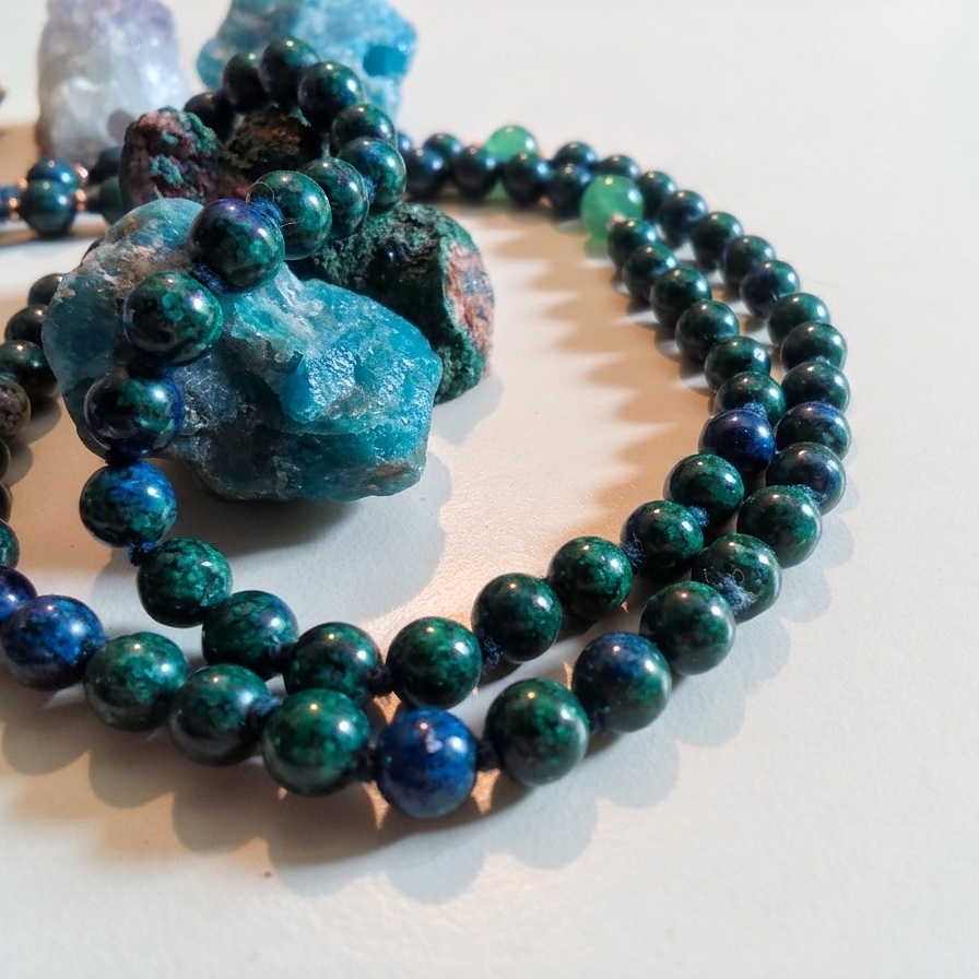 Mala collana da meditazione in Azzurrite, Rame