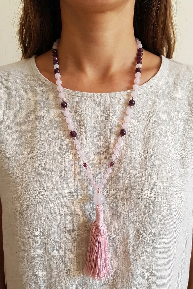 Mala con pietre naturali di Quarzo rosa, Granato almandino, Pietra Guru Quarzo rosa, Rame