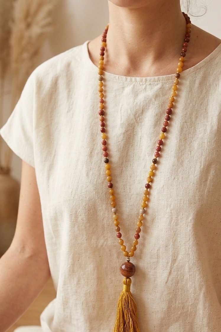 Mala in Mookaite, Pietra Guru Agata, Rame