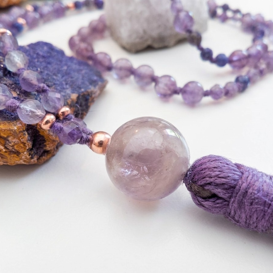 Mala collana 108 perle di Ametista e Lapislazzuli, Pietra Guru Ametista, Rame