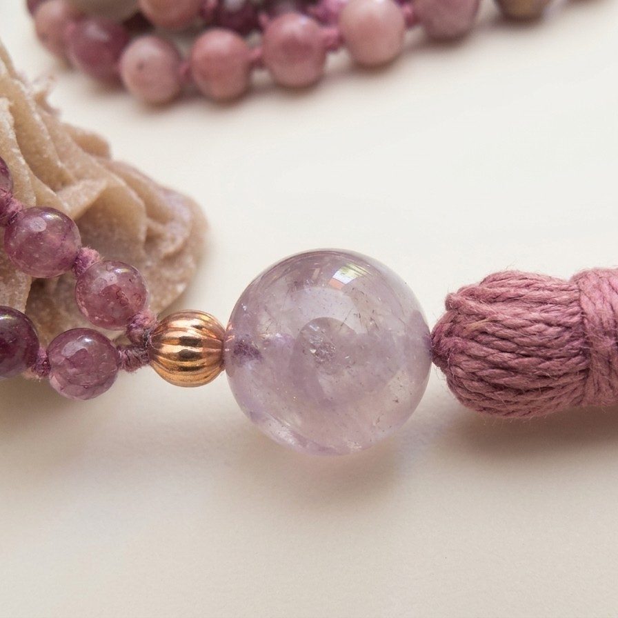 Mala 108 perle di Rodonite, Unakite, Lepidolite, Pietra Guru Ametista, rame
