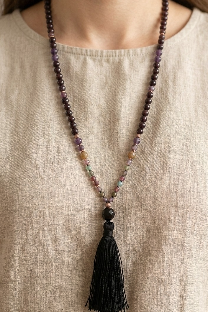 Mala 108 perle Tormalina naturale vari colori e Onice, Pietra Guru Onice, Rame
