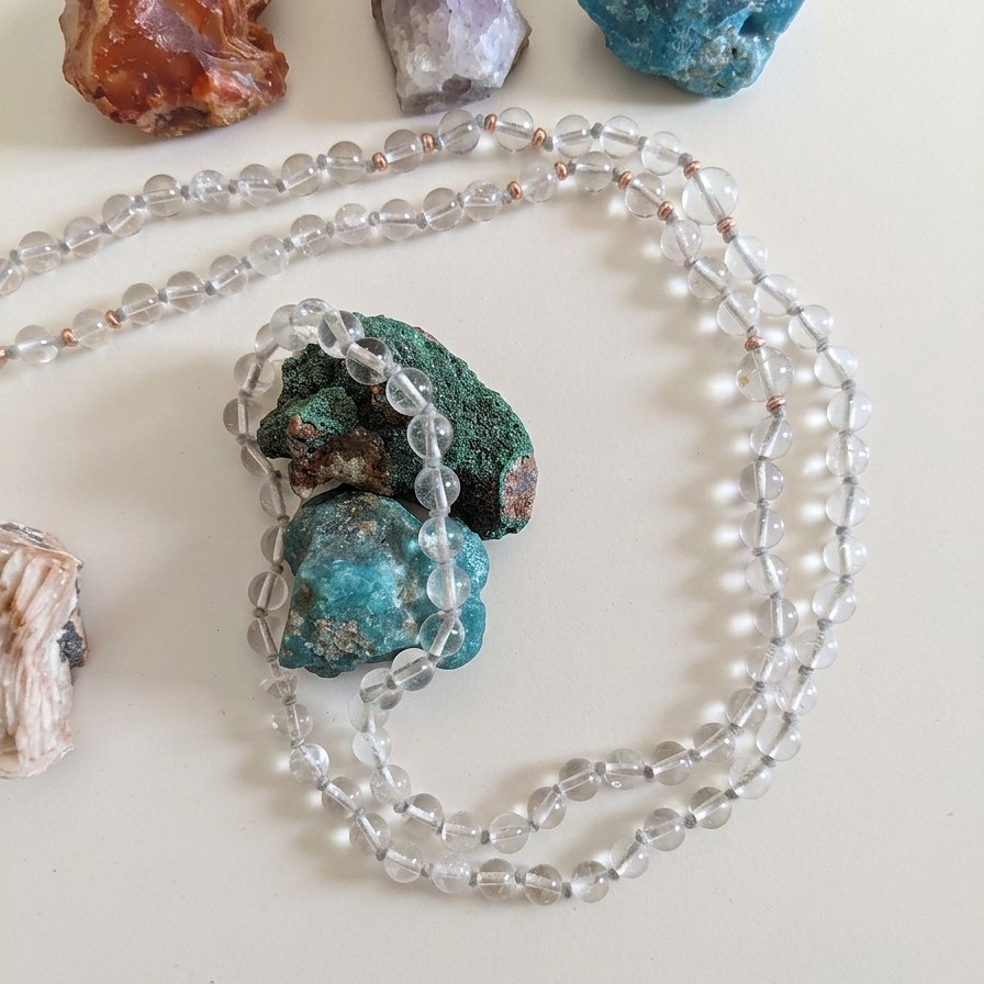 Mala collana da meditazione in Cristallo di Rocca, Pietra Guru Agata botswana, rame