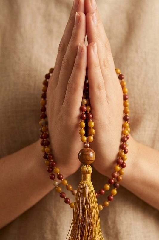 Mala in Mookaite, Pietra Guru Agata, Rame