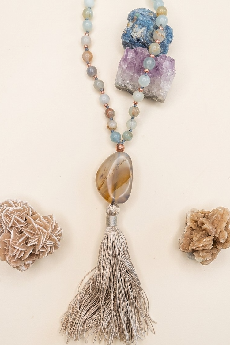 Mala 108 perle Calcite blu, pietra guru Agata, rame