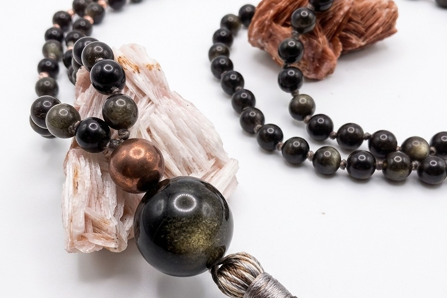 Mala da meditazione in Ossidiana dorata, Pietra Guru Ossidiana dorata, Rame