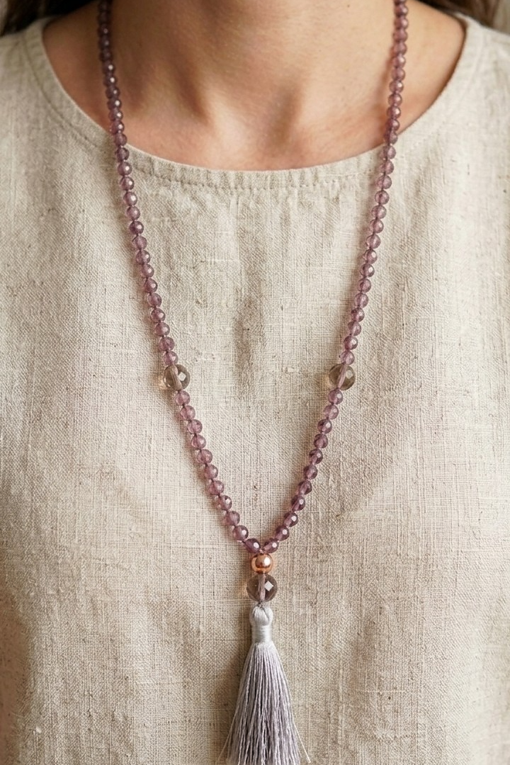Mala da meditazione 108 perle Quarzo Fumè, pietra guru Quarzo Fumè, rame
