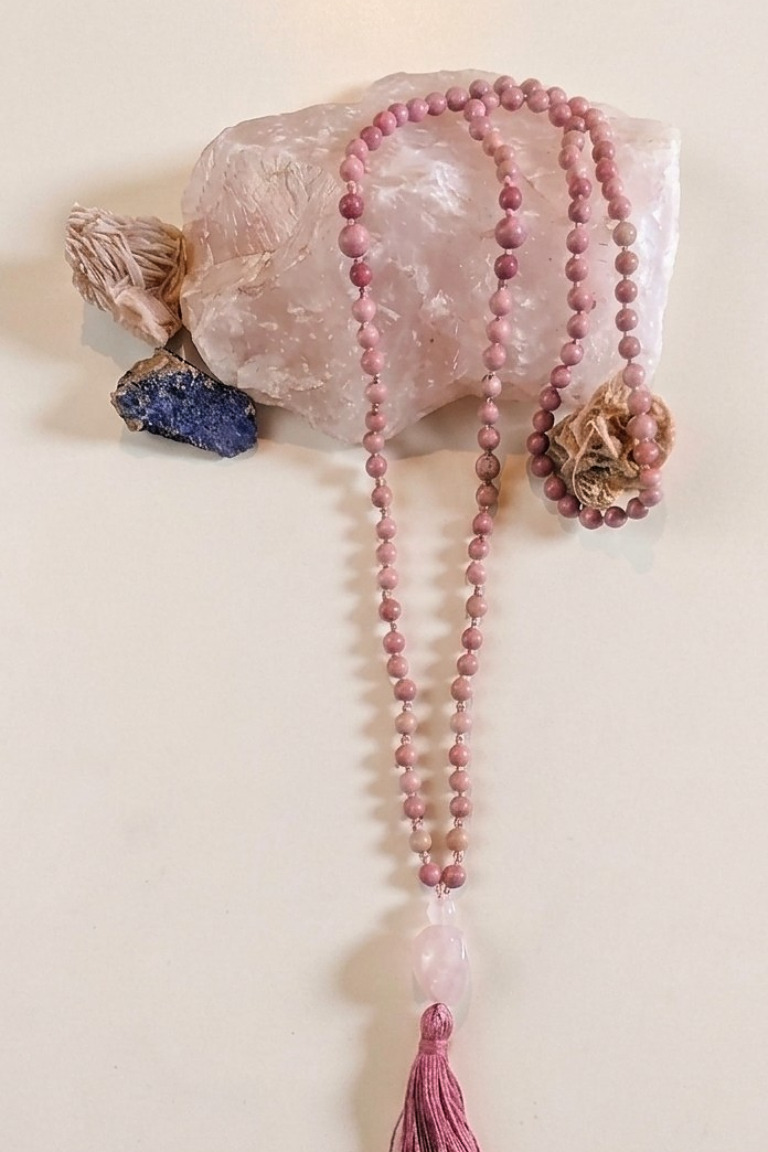 Mala 108 in Rodonite, Pietra Guru Quarzo rosa e Rame