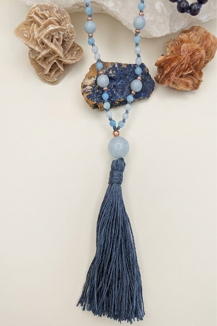 Mala in Dumortierite, Acquamarina, Pietra Guru Acquamarina, Rame
