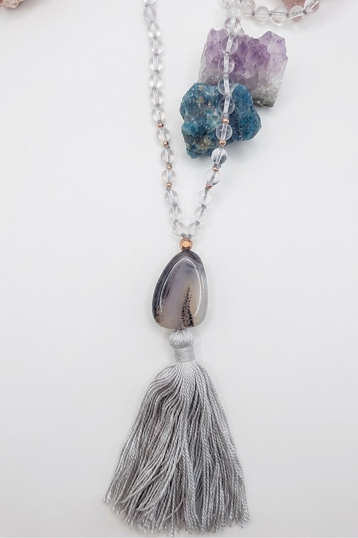 Mala collana da meditazione in Cristallo di Rocca, Pietra Guru Agata botswana, rame