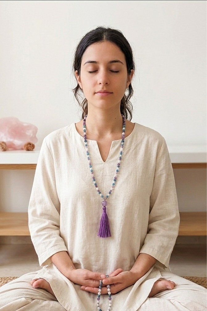 Mala collana 108 perle di Ametista, Magnesite e Apatite, Pietra Guru Ametista, Rame