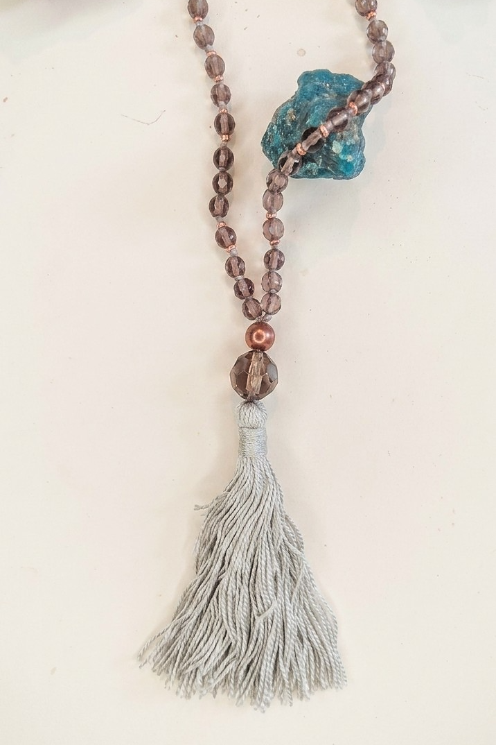 Mala da meditazione 108 perle Quarzo Fumè, pietra guru Quarzo Fumè, rame