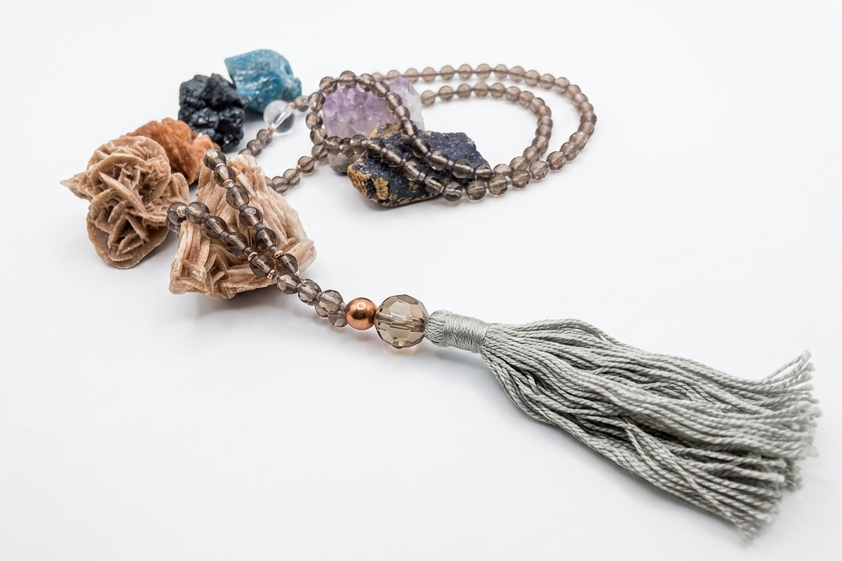 Mala da meditazione 108 perle Quarzo Fumè, pietra guru Quarzo Fumè, rame