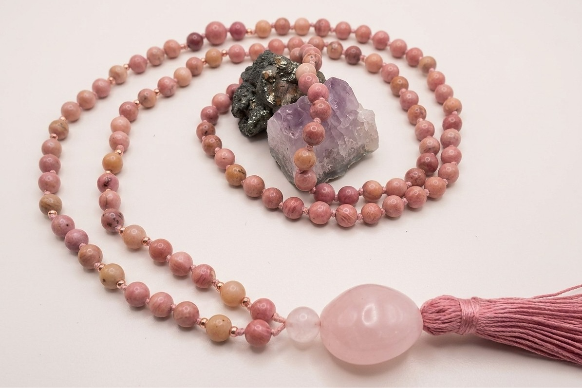 Mala 108 in Rodonite, Pietra Guru Quarzo rosa e Rame