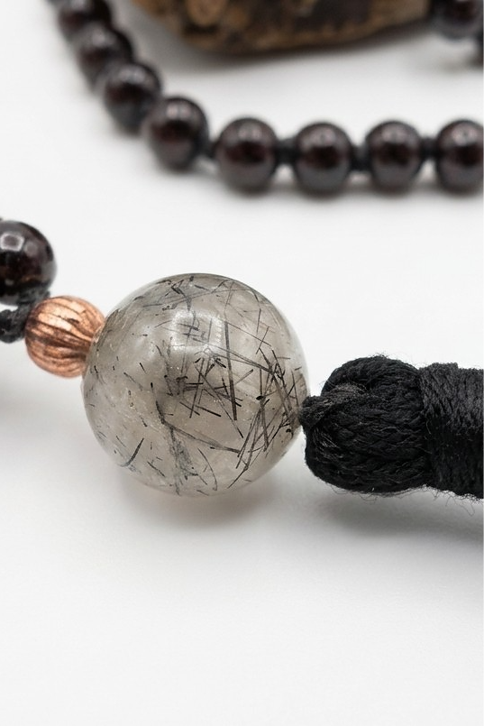 Mala da meditazione 108 perle Onice, pietra guru Quarzo Tormalinato, rame