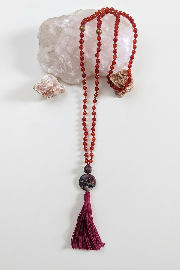Mala fatta a mano con pietre dure naturali in Agata rossa, Lepidolite, Pietra Guru Diaspro oceano, Rame
