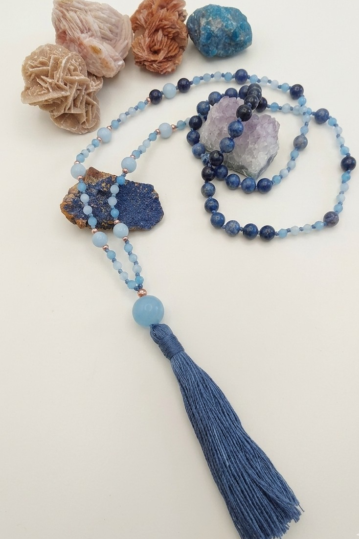 Mala in Dumortierite, Acquamarina, Pietra Guru Acquamarina, Rame