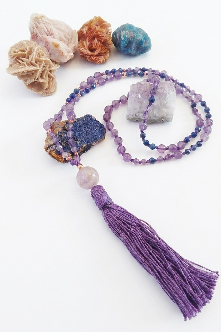 Mala collana 108 perle di Ametista e Lapislazzuli, Pietra Guru Ametista, Rame