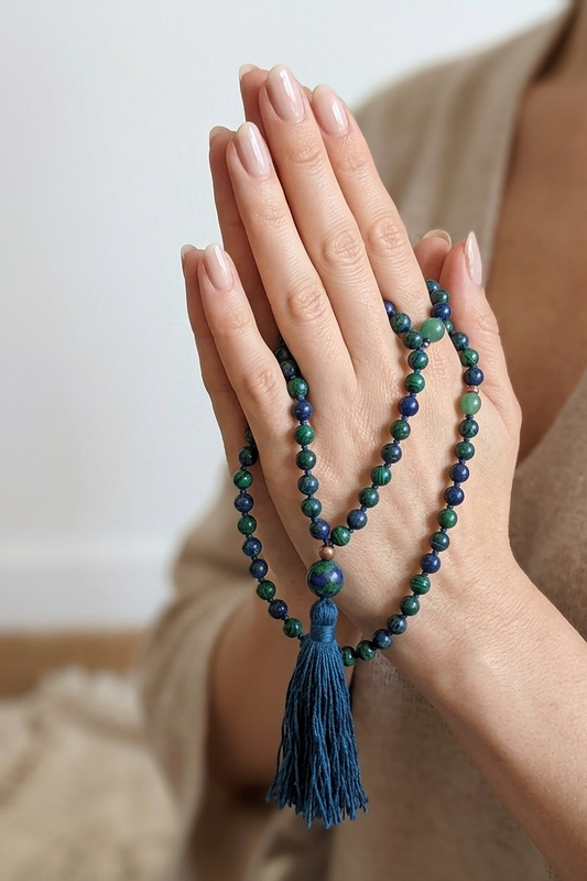 Mala collana da meditazione in Azzurrite, Rame