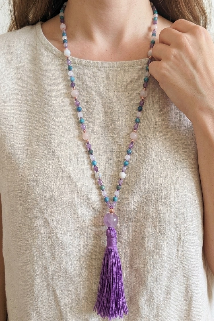 Mala collana 108 perle di Ametista, Magnesite e Apatite, Pietra Guru Ametista, Rame
