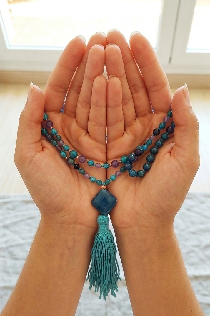 Mala collana 108 perle di Ametista e Apatite, Pietra Guru Apatite, Rame
