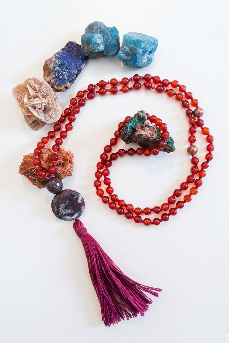 Mala fatta a mano con pietre dure naturali in Agata rossa, Lepidolite, Pietra Guru Diaspro oceano, Rame