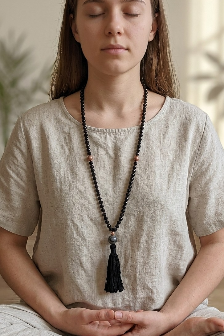 Mala da meditazione 108 perle Onice, pietra guru Quarzo Tormalinato, rame