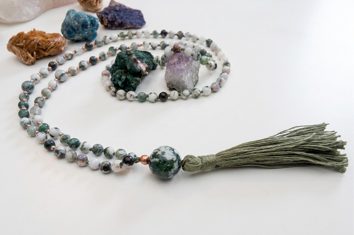 Mala 108 in Agata albero, Pietra guru Agata albero, Rame
