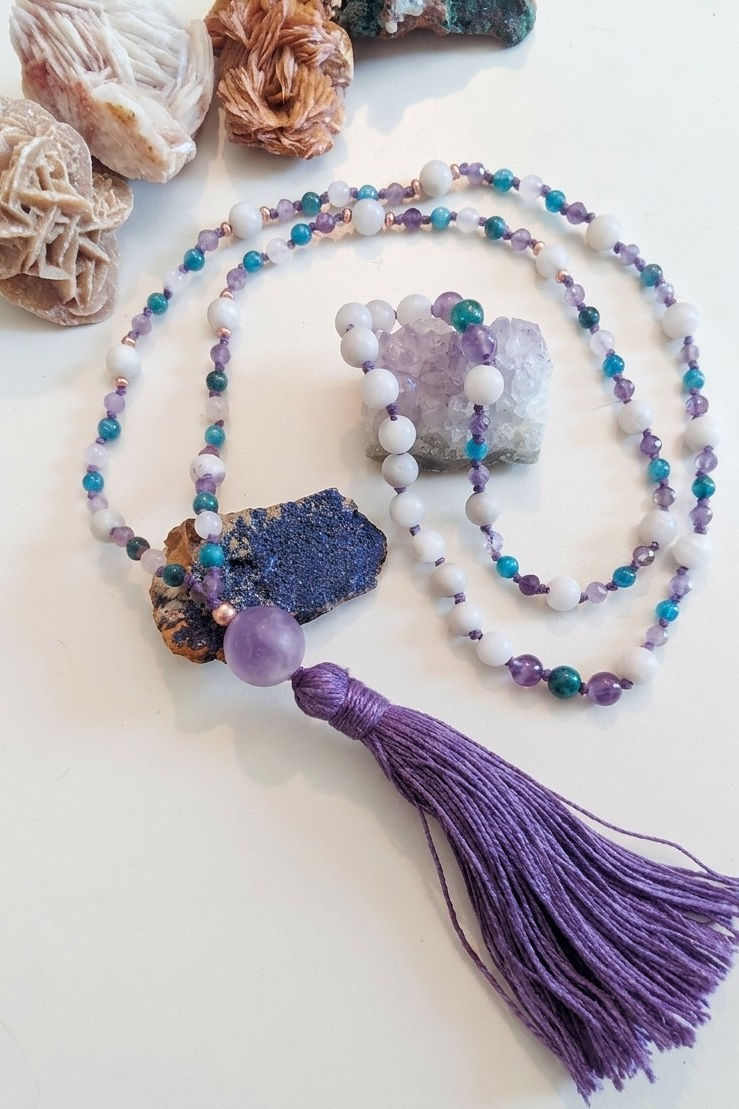 Mala collana 108 perle di Ametista, Magnesite e Apatite, Pietra Guru Ametista, Rame