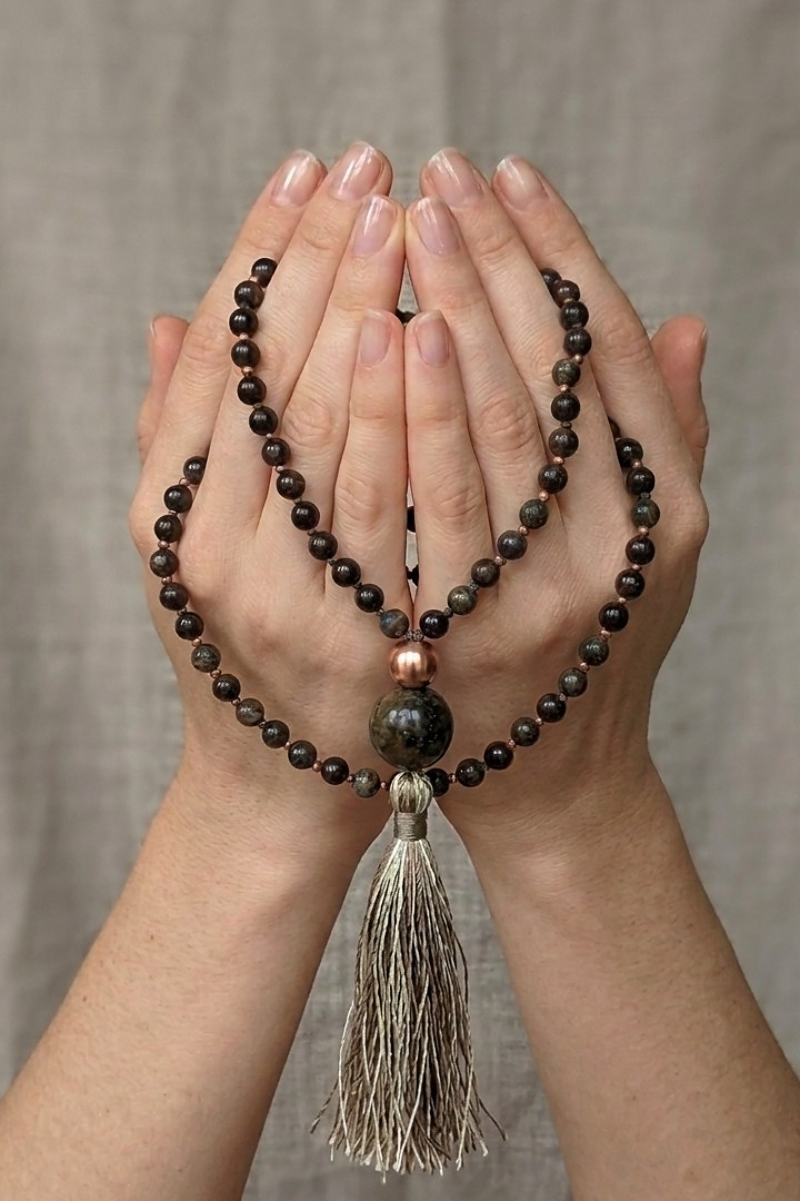 Mala da meditazione in Ossidiana dorata, Pietra Guru Ossidiana dorata, Rame