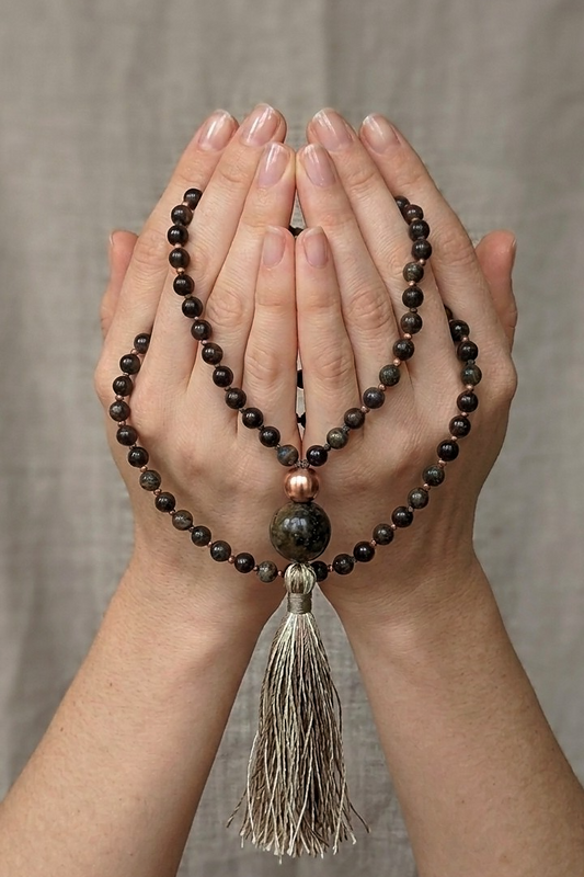 Mala da meditazione in Ossidiana dorata, Pietra Guru Ossidiana dorata, Rame