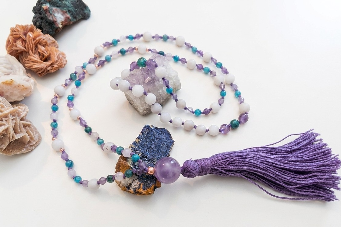 Mala collana 108 perle di Ametista, Magnesite e Apatite, Pietra Guru Ametista, Rame