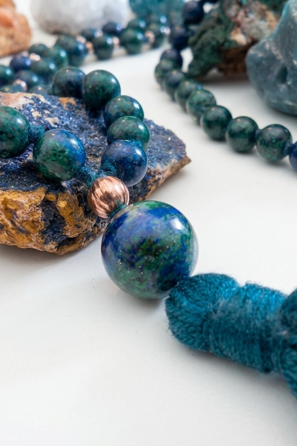 Mala collana da meditazione in Azzurrite, Rame