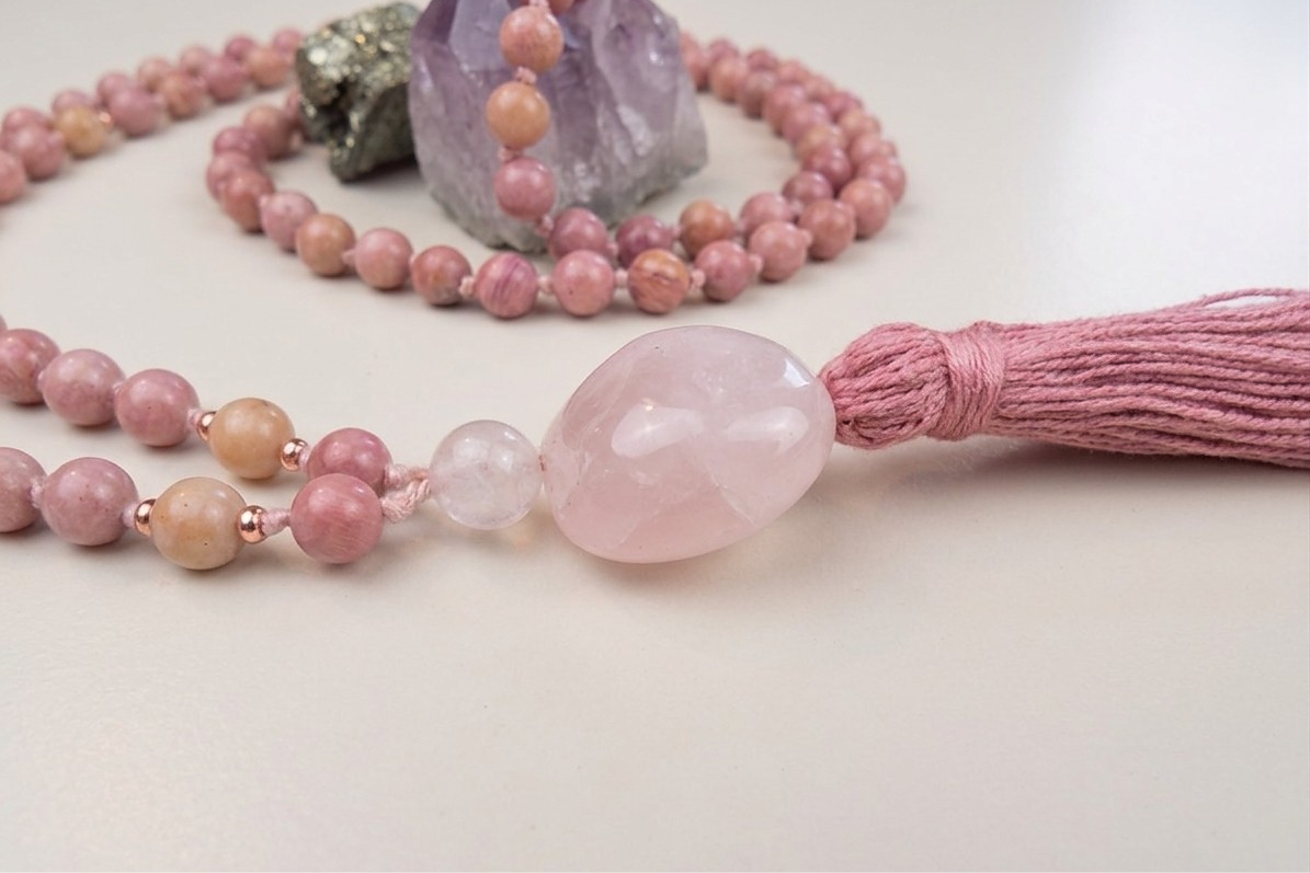 Mala 108 in Rodonite, Pietra Guru Quarzo rosa e Rame