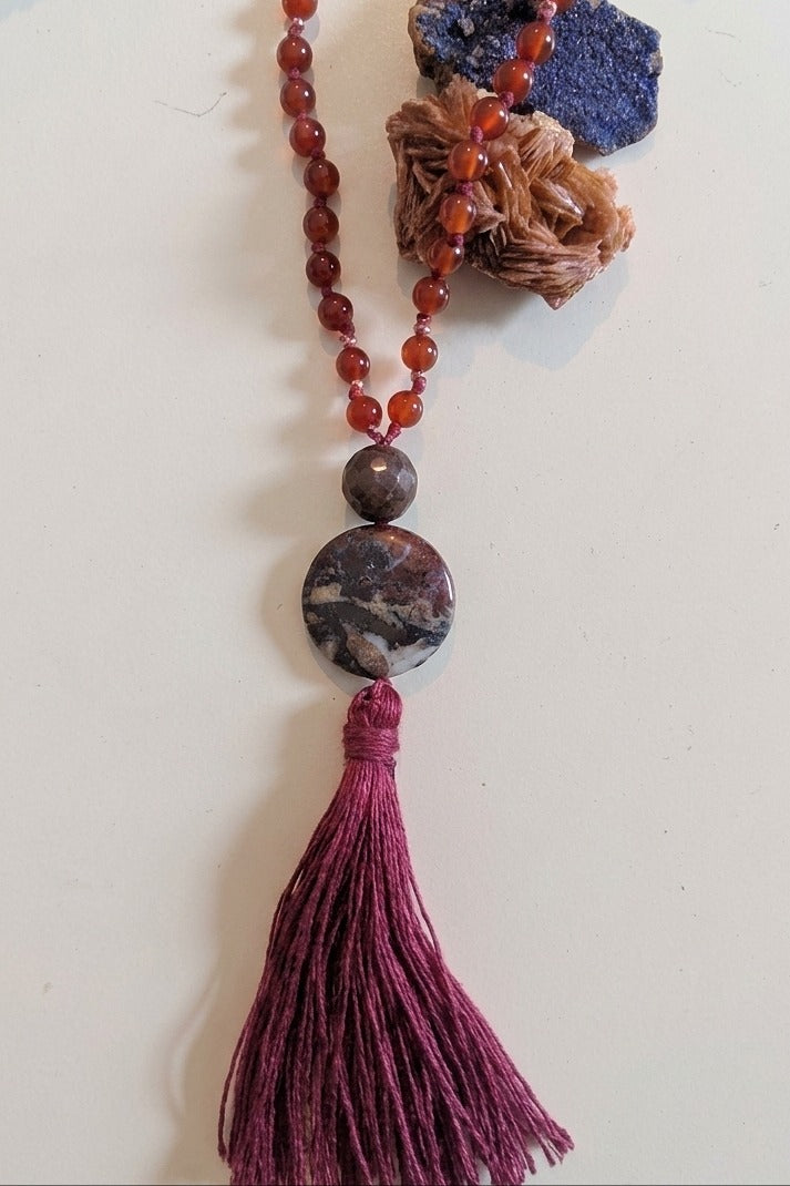 Mala fatta a mano con pietre dure naturali in Agata rossa, Lepidolite, Pietra Guru Diaspro oceano, Rame