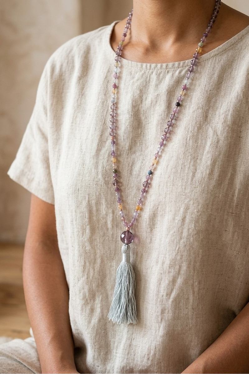 Mala da meditazione 108 Quarzo Fumè, Tormalina vari colori, pietra guru Quarzo Fumé , rame