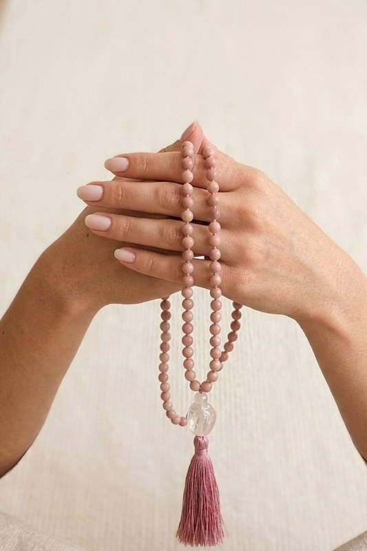 Mala 108 in Rodonite, Pietra Guru Quarzo rosa e Rame