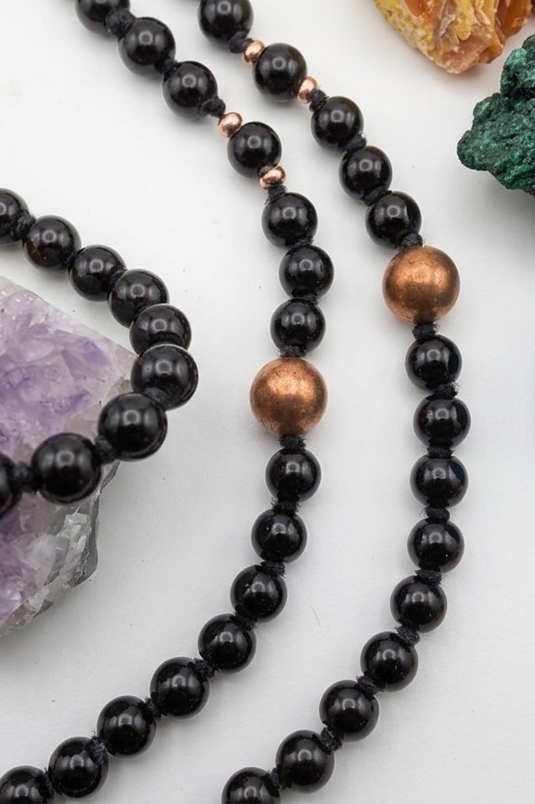 Mala da meditazione 108 perle Onice, pietra guru Quarzo Tormalinato, rame