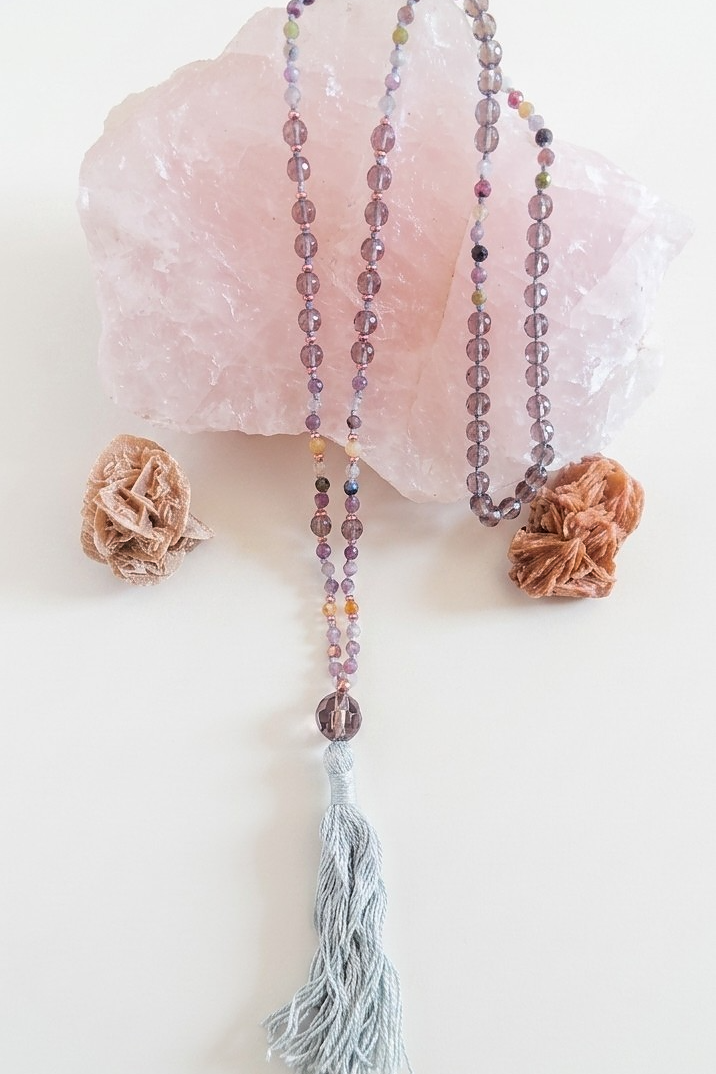 Mala da meditazione 108 Quarzo Fumè, Tormalina vari colori, pietra guru Quarzo Fumé , rame