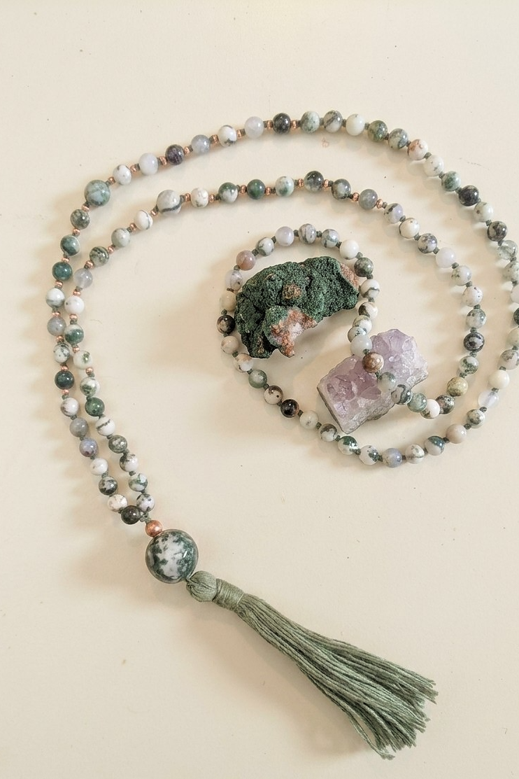 Mala 108 in Agata albero, Pietra guru Agata albero, Rame